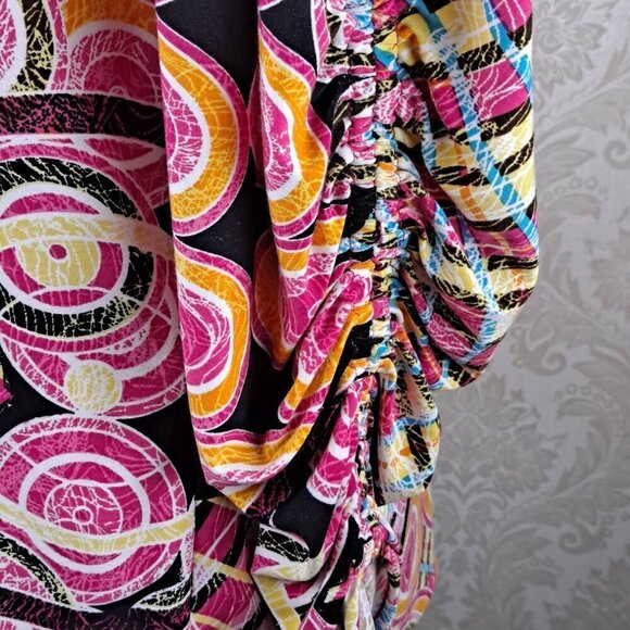 Peter Nygard Size M/L V-neck Button Front Shirt Geometric Print Ruched Sleeves - Picture 6 of 13